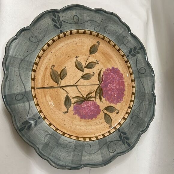 222 Fifth Ibaza Dinner Plate 11 1/2 Inch Round Scalloped Floral Blue Brown Pink - Picture 2 of 9